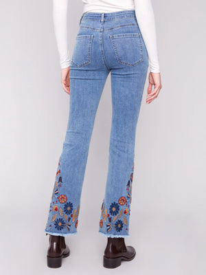 Charlie B Flare Leg Jeans with Colorful Floral Embroidery - Medium Blue