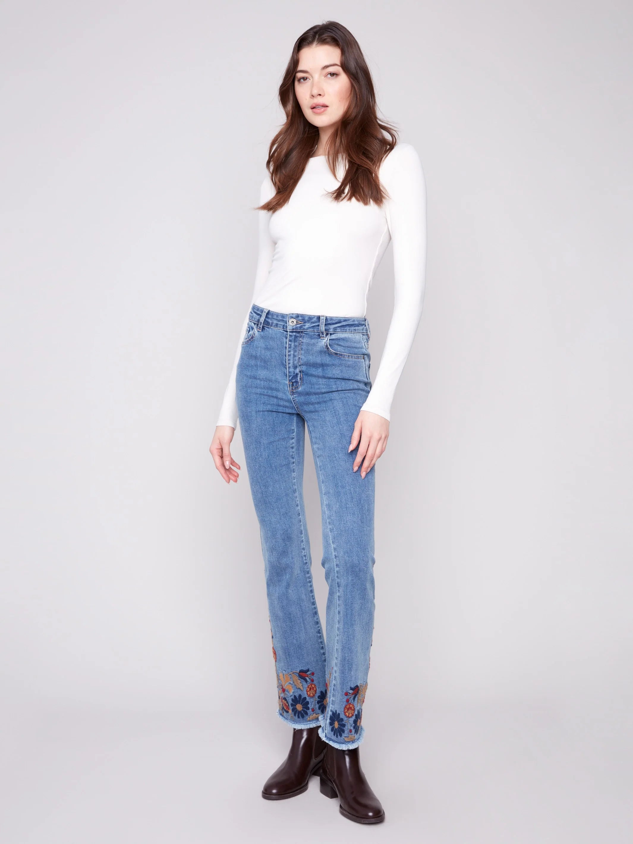 Charlie B Flare Leg Jeans with Colorful Floral Embroidery - Medium Blue