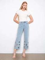 Charlie B Floral Cutout Wide Leg Crop Jeans - Light Blue