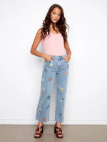 Charlie B Floral Embroidered Wide Leg Jeans - Light Blue