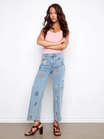 Charlie B Floral Embroidered Wide Leg Jeans - Light Blue