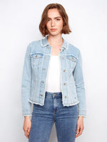 Charlie B Stretch Twill Jean Jacket with Fray Hem - Bleach Blue
