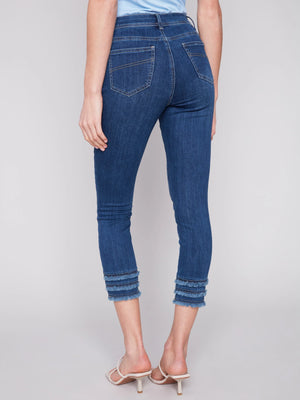 Charlie B Tiered Fray Hem Ankle Jean - Indigo