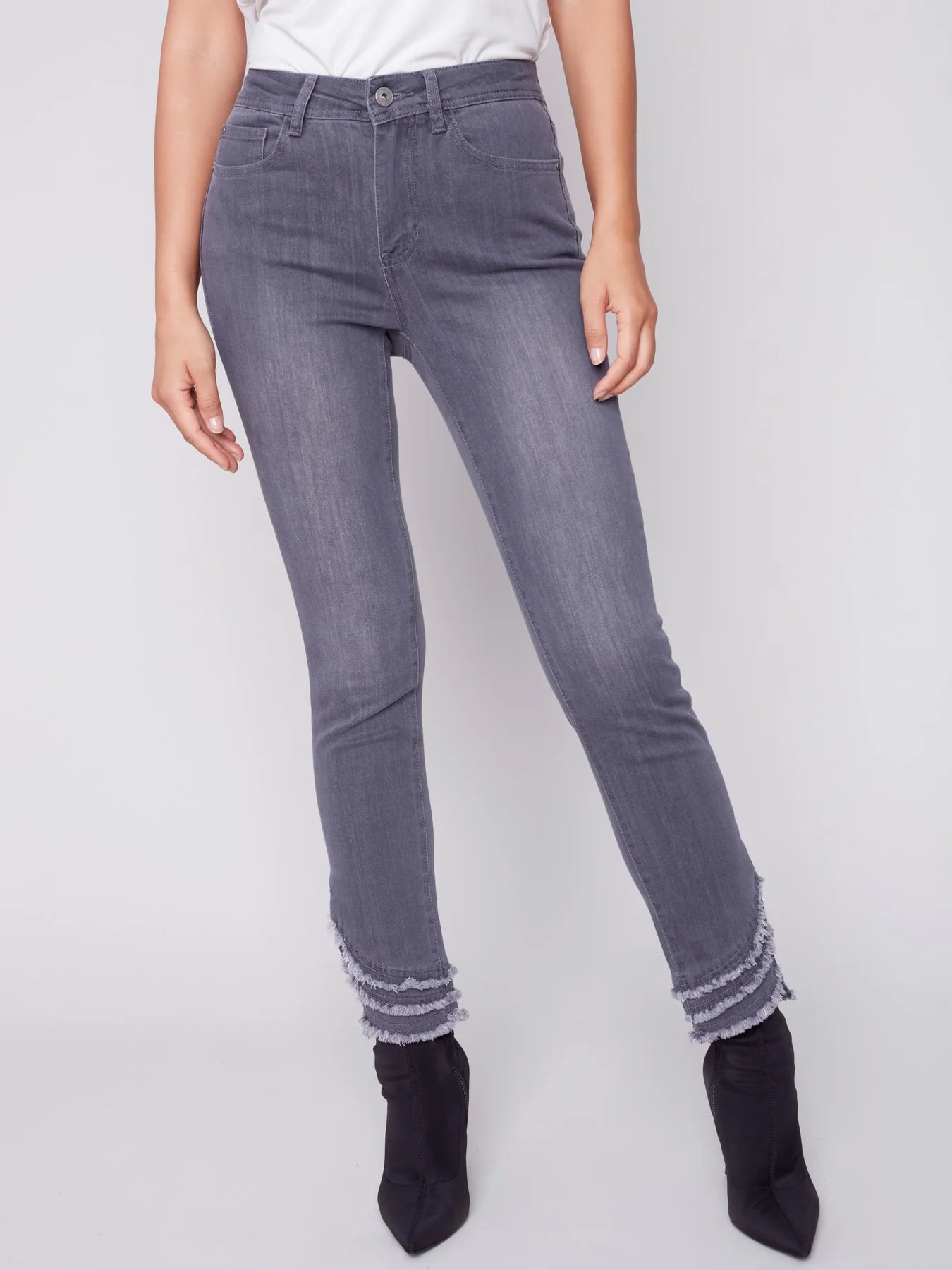 Charlie B Frayed Ribbed Hem Jean - Medium Grey