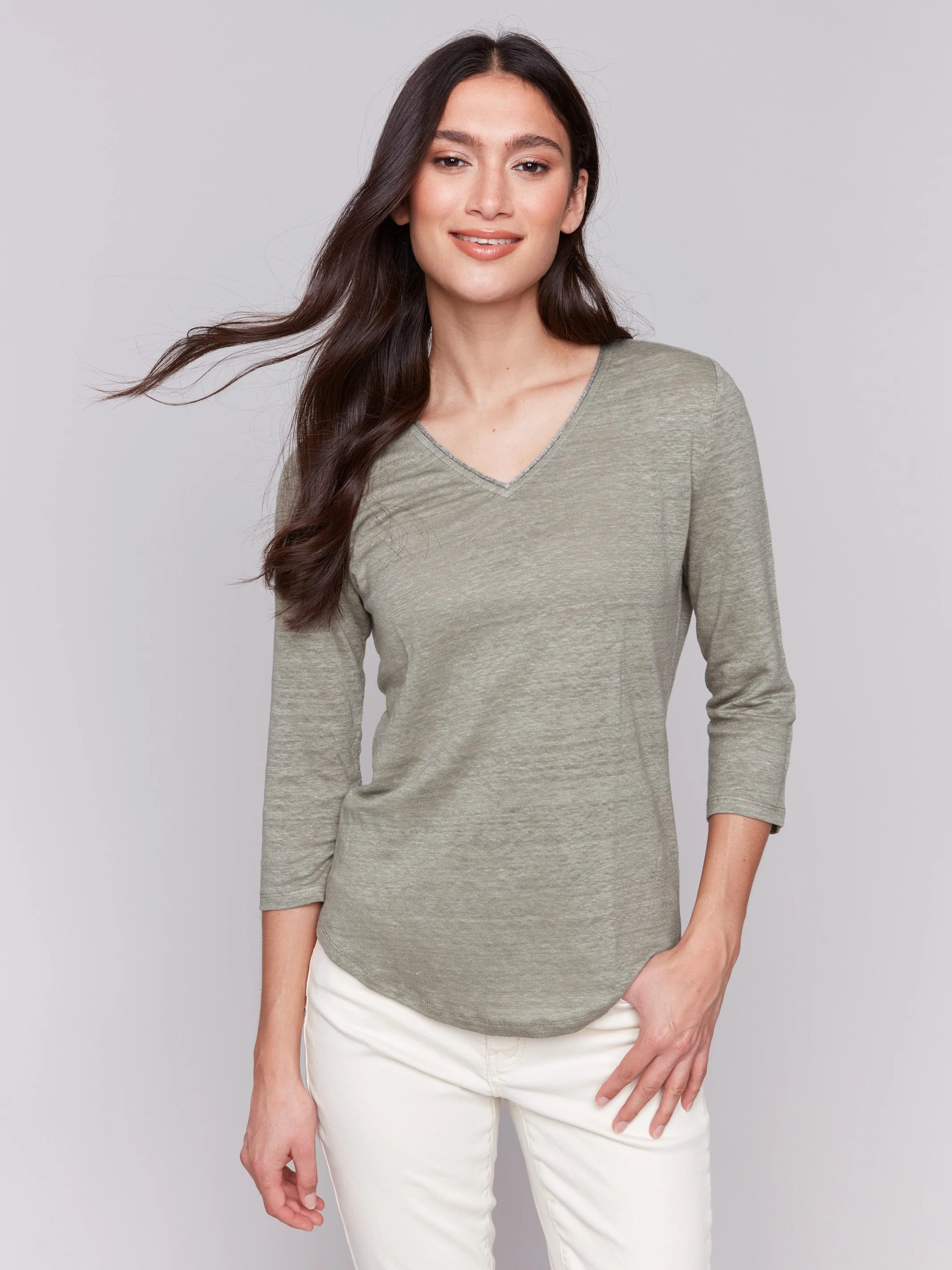 Charlie B Linen Blend V-Neck Top - Celadon