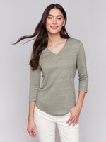 Charlie B Linen Blend V-Neck Top - Celadon