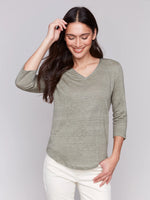 Charlie B Linen Blend V-Neck Top - Celadon