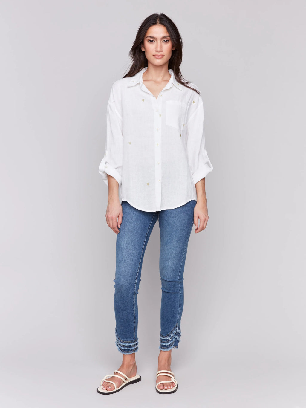 Charlie B Linen Blend Tunic Blouse with Embroidered Hearts - Gold