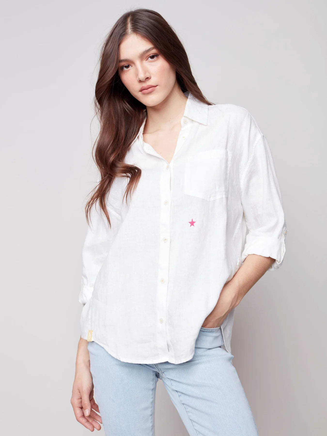 Charlie B Linen Blouse with Star Print Back