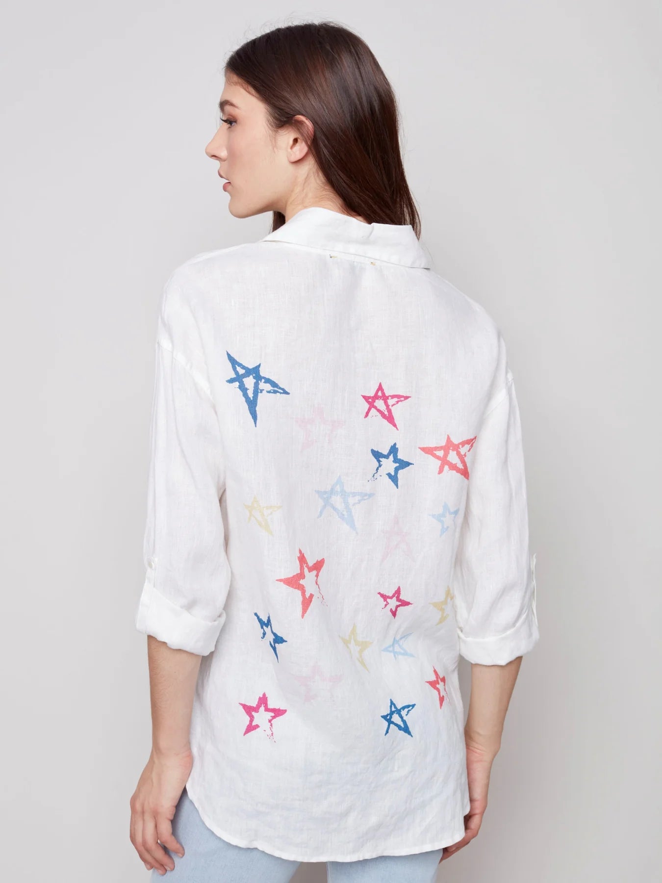 Charlie B Linen Blouse with Star Print Back