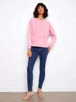 Charlie B Long Sleeve Top with Flower Appliqué - Candy
