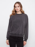 Charlie B Long Sleeve Top with Flower Appliqué - Charcoal