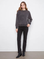 Charlie B Long Sleeve Top with Flower Appliqué - Charcoal