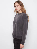 Charlie B Long Sleeve Top with Flower Appliqué - Charcoal