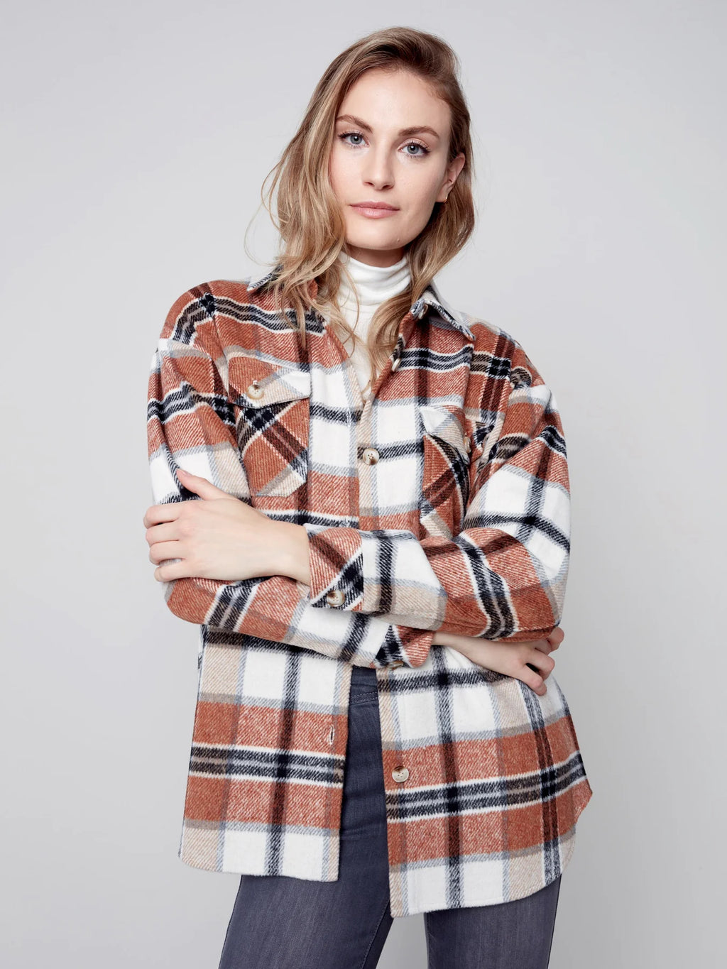 Charlie B Plaid Flannel Shirt Jacket in Cider