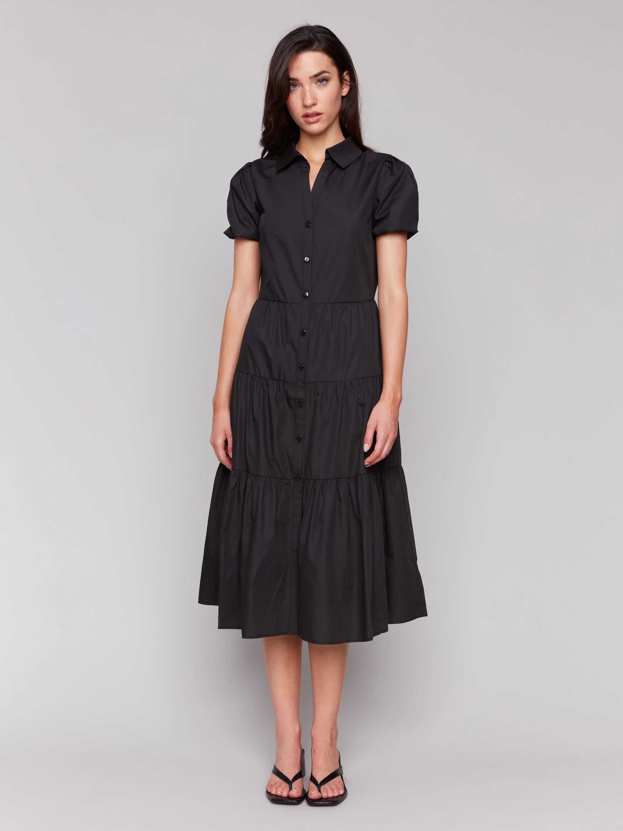 Charlie B Poplin Puff Sleeve Midi Dress - Black