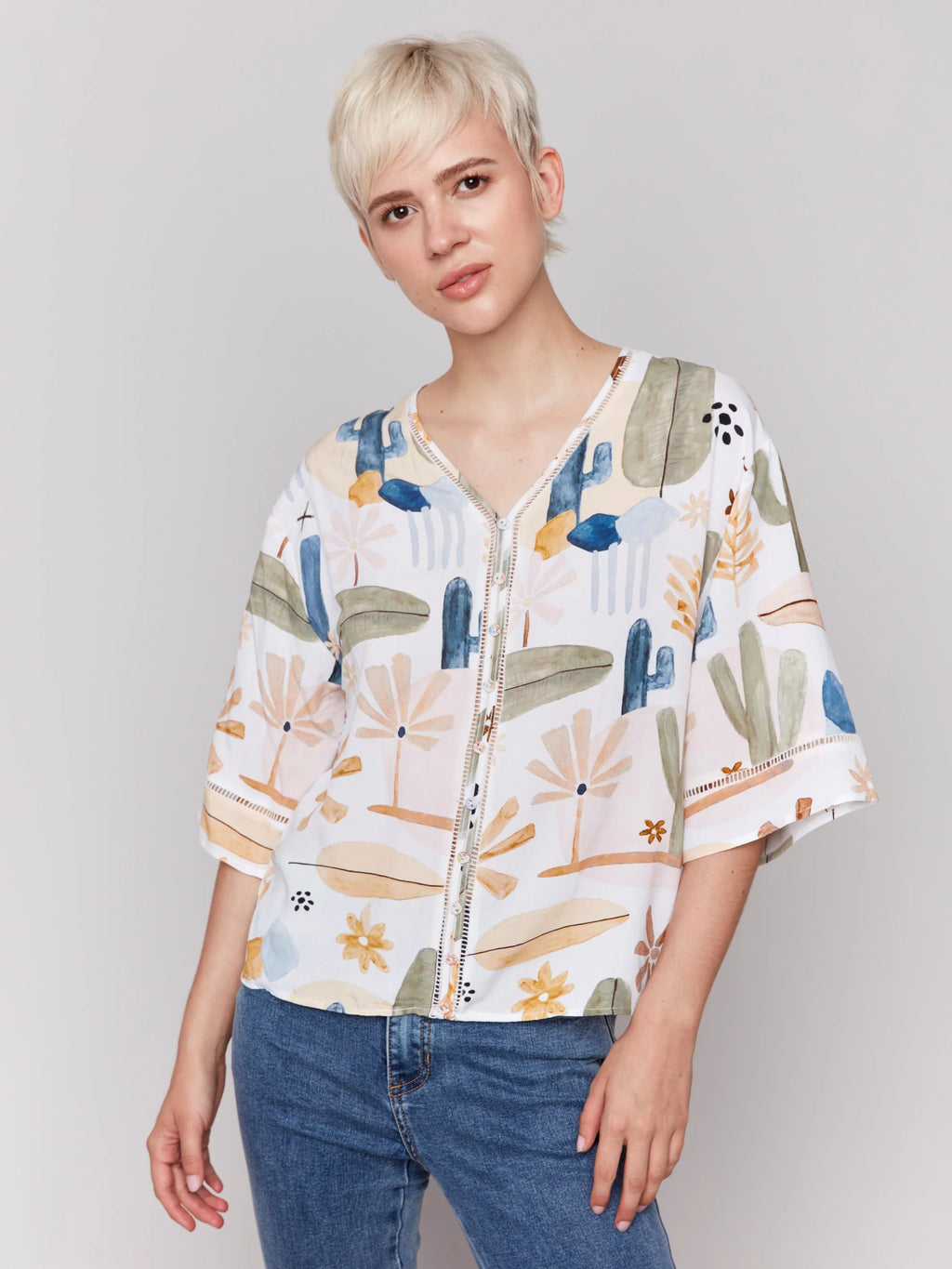 Charlie B Printed Blouse with Ladder Stitch Detail - Cactus