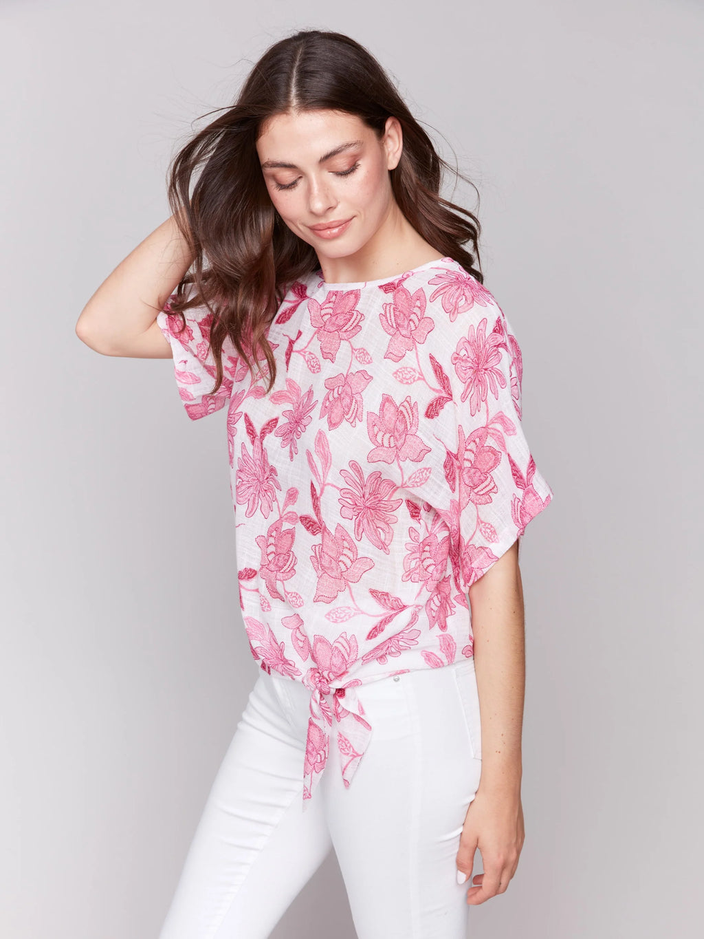 Charlie B Cotton Gauze Side Tie Dolman Sleeve Blouse - Peony