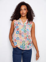 Charlie B Cotton Sleeveless Tank Top with Chest Pocket - Graffiti