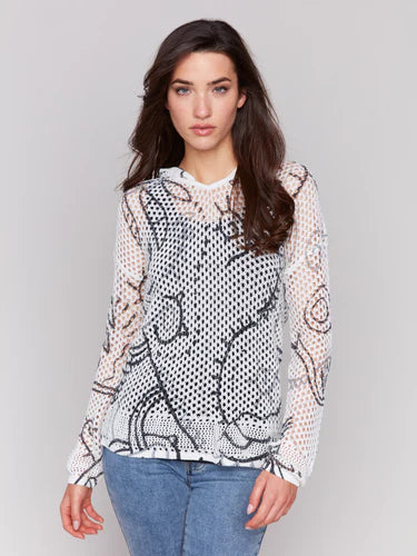 Charlie B Fishnet Crochet Hoodie Sweater - Pepper