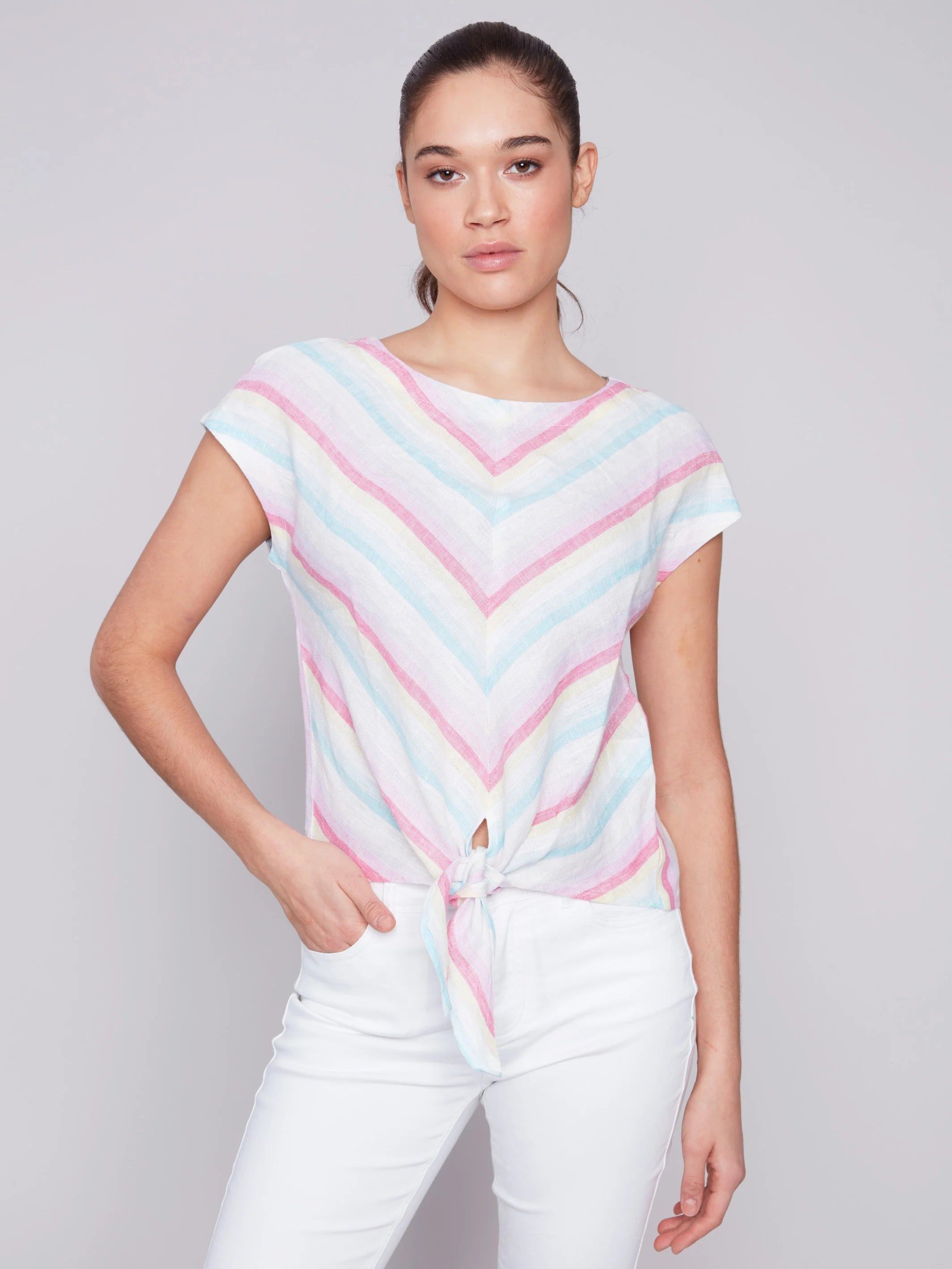 Charlie B Front Tie Knot Linen Top with Cap Sleeve - Lavender Stripe