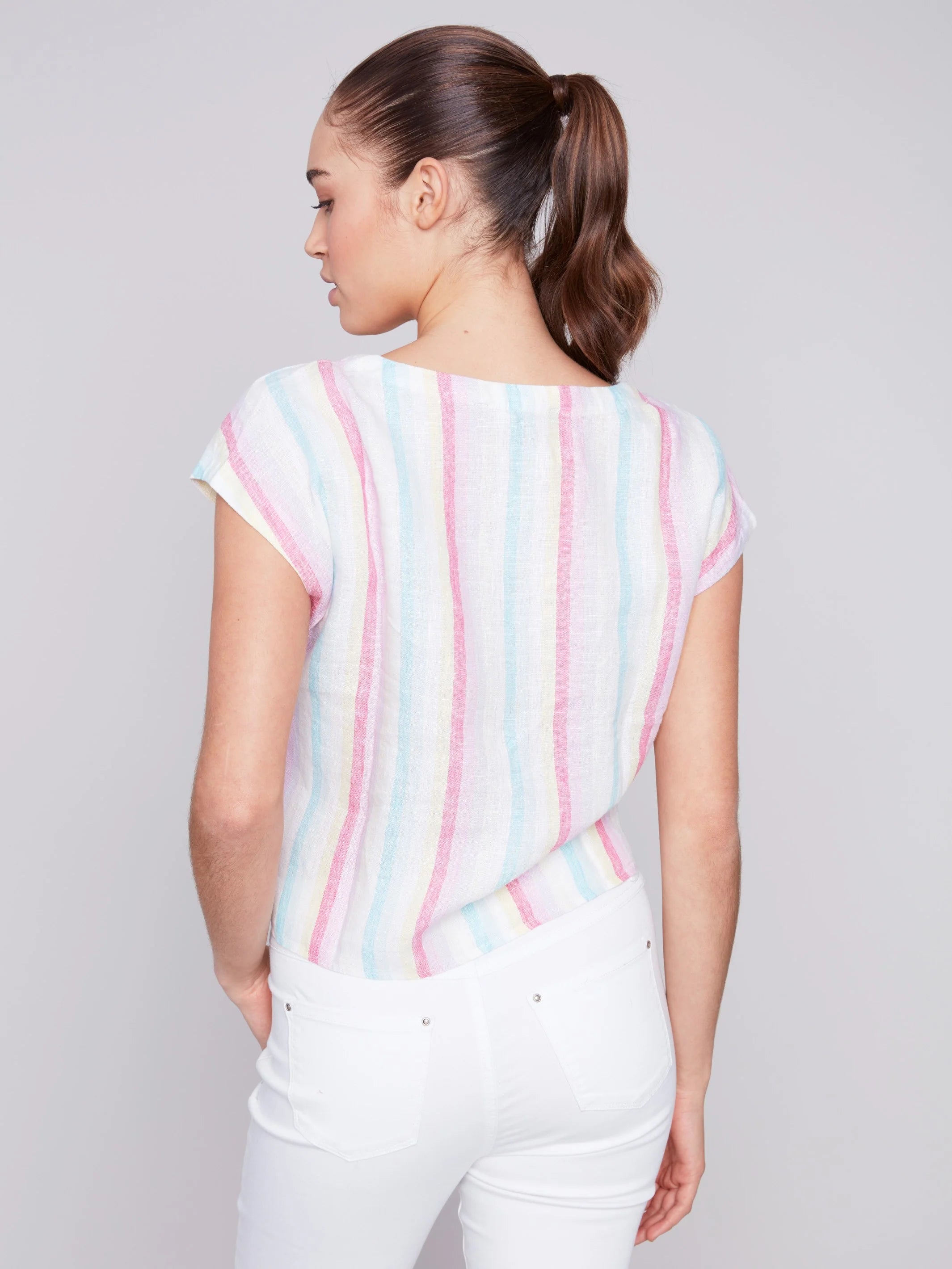 Charlie B Front Tie Knot Linen Top with Cap Sleeve - Lavender Stripe