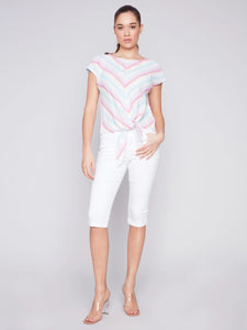 Charlie B Front Tie Knot Linen Top with Cap Sleeve - Lavender Stripe