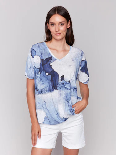 Charlie B Tie-Dye Linen Jersey V-Neck Knit Top - Ink