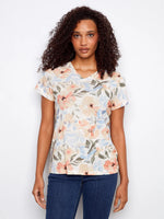 Charlie B Printed Linen Blend V-Neck T-Shirt - Aurelia