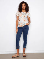 Charlie B Printed Linen Blend V-Neck T-Shirt - Aurelia