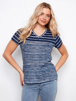 Charlie B Printed Linen Blend V-Neck T-Shirt - Navy Stripes