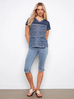 Charlie B Printed Linen Blend V-Neck T-Shirt - Navy Stripes