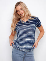 Charlie B Printed Linen Blend V-Neck T-Shirt - Navy Stripes