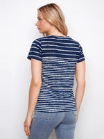 Charlie B Printed Linen Blend V-Neck T-Shirt - Navy Stripes