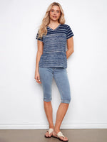 Charlie B Printed Linen Blend V-Neck T-Shirt - Navy Stripes
