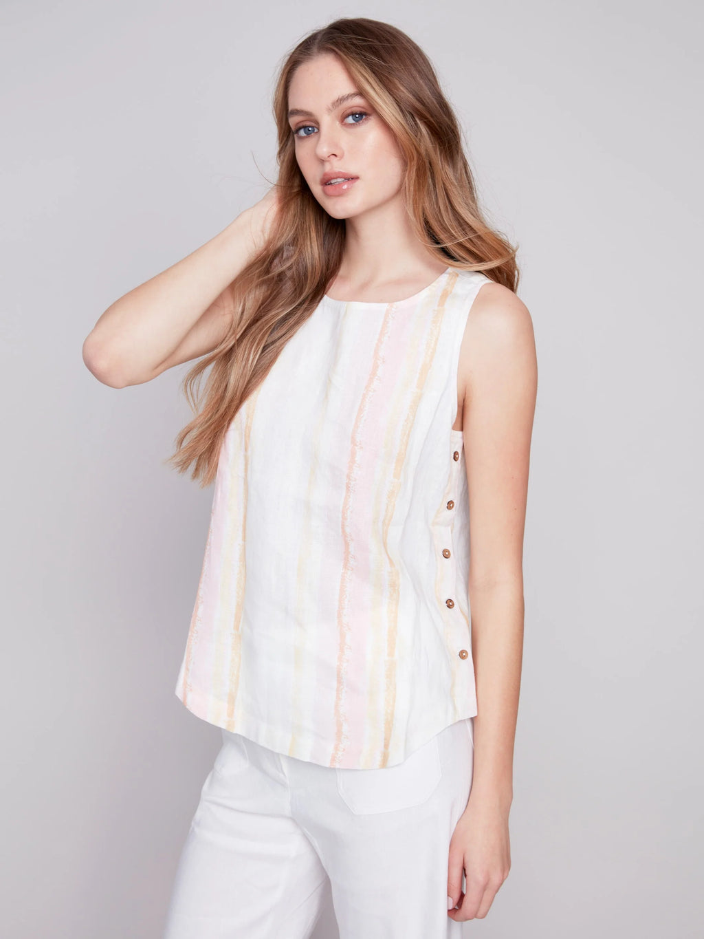 Charlie B Sleeveless Striped Linen Tank with Side Buttons - Tulip