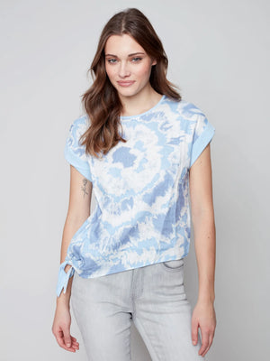 Linen Knit Combo Top with Side Knot Tie - Indigo