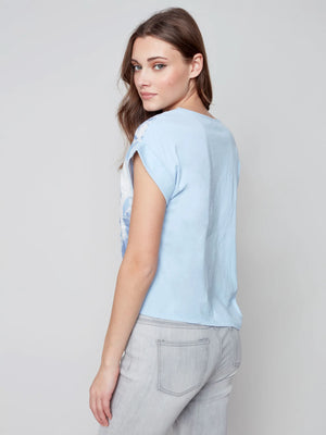 Linen Knit Combo Top with Side Knot Tie - Indigo