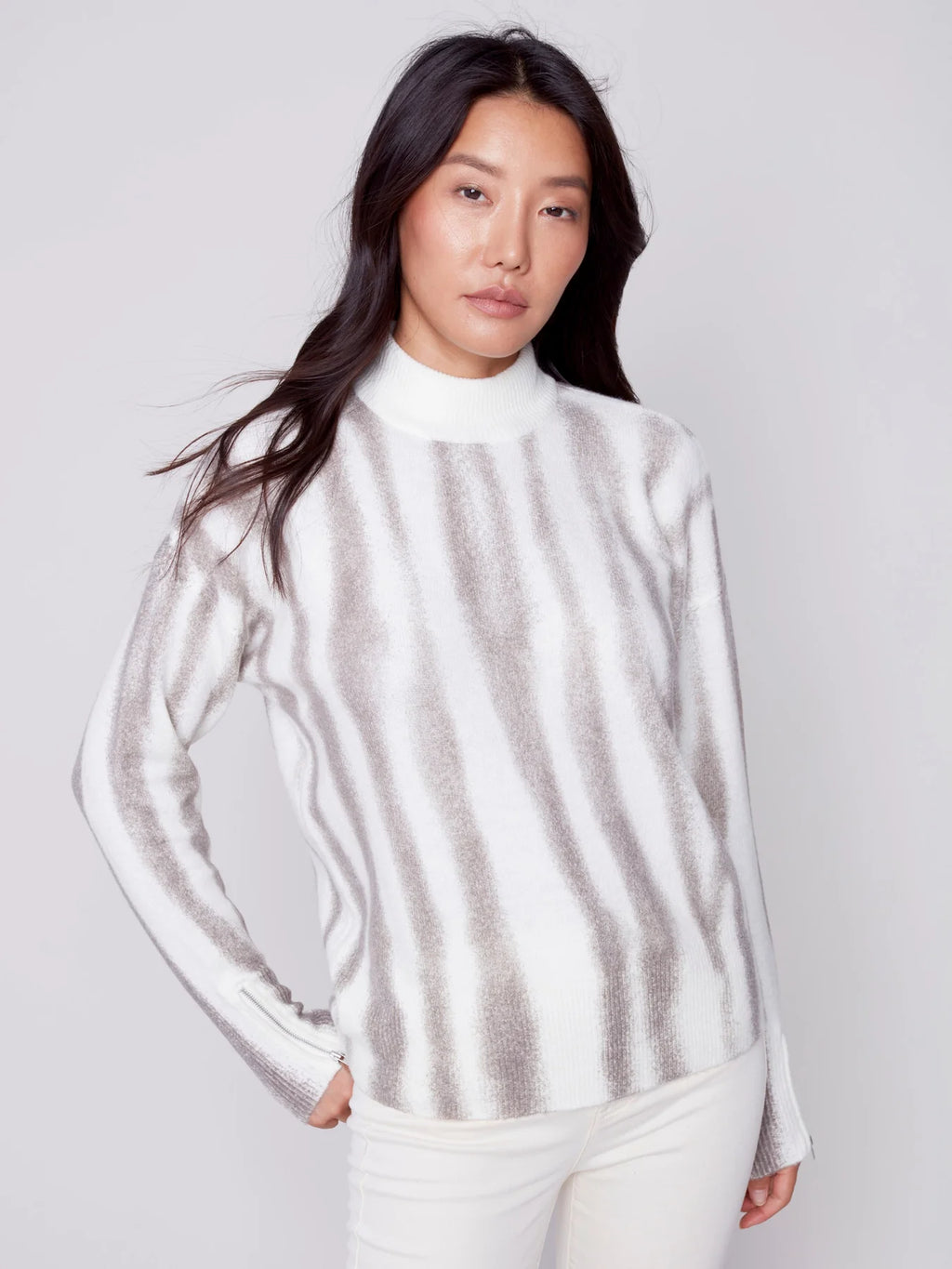 Charlie B Printed Mock Neck Sweater with Zipper Detail