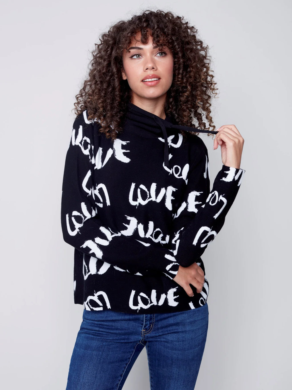 Charlie B Love Printed Cotton Funnel Neck Sweater - Black and White