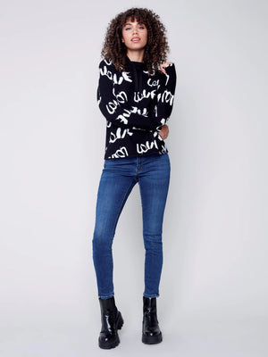 Charlie B Love Printed Cotton Funnel Neck Sweater - Black and White