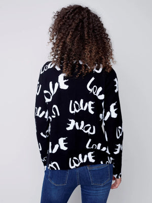 Charlie B Love Printed Cotton Funnel Neck Sweater - Black and White