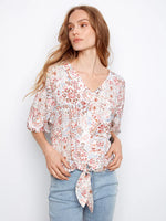 Charlie B Printed Popover Blouse With Front Tie - Bea