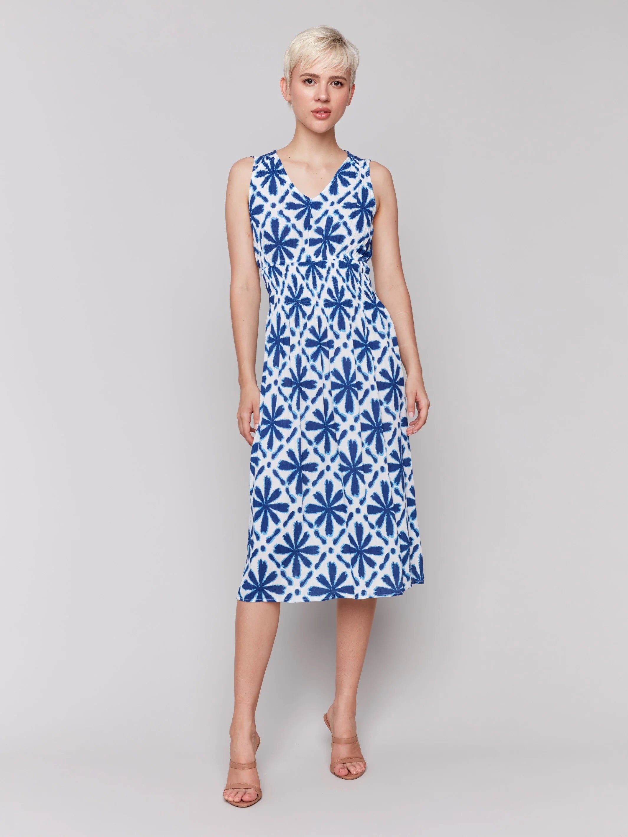 Charlie B Printed Sleeveless Empire Waist Midi Dress - Mosaic