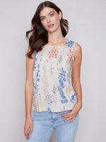 Charlie B Printed Sleeveless Linen Top with Button Detail