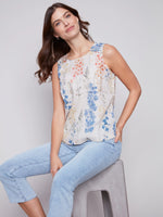 Charlie B Printed Sleeveless Linen Top with Button Detail