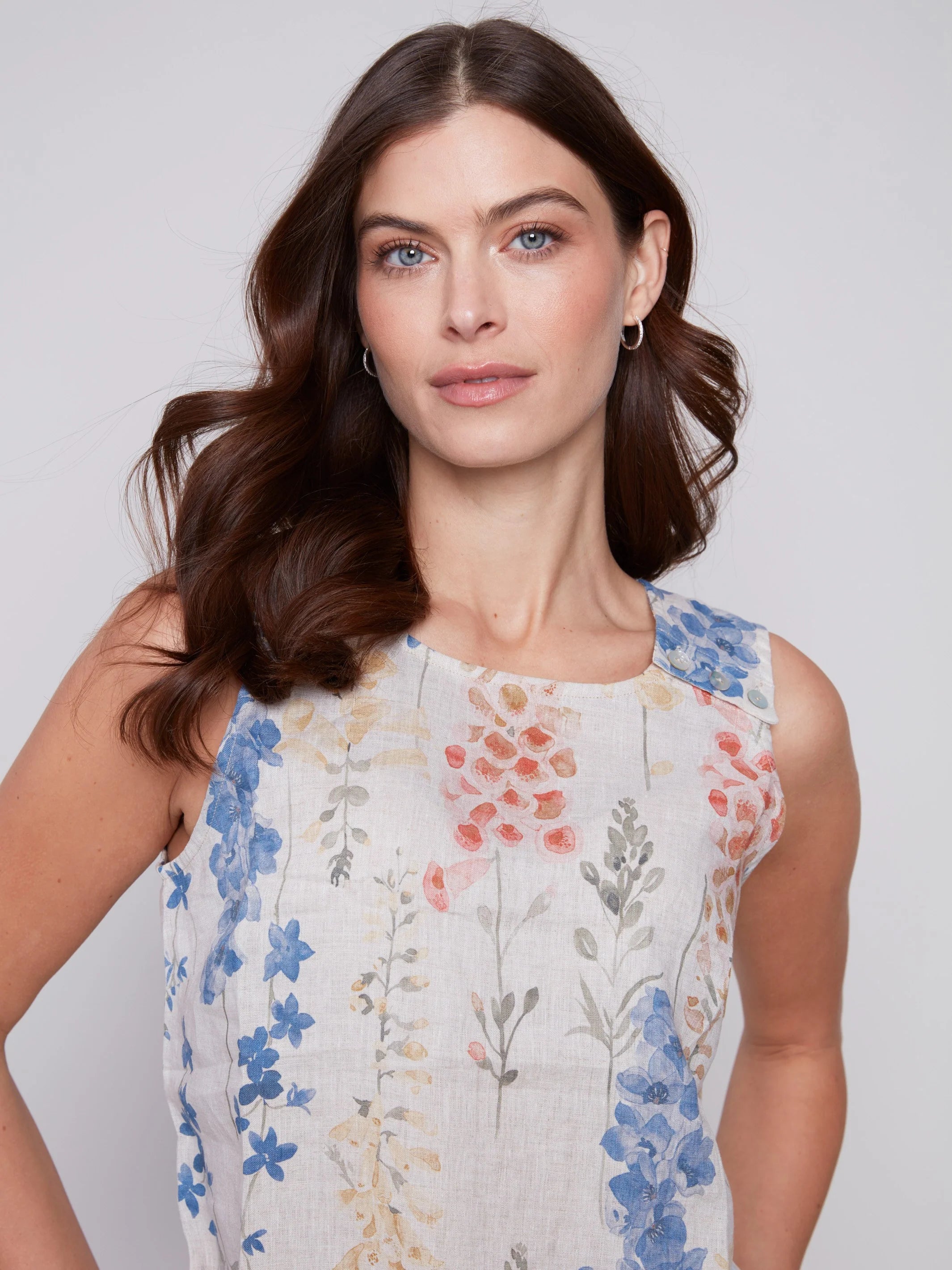 Charlie B Printed Sleeveless Linen Top with Button Detail