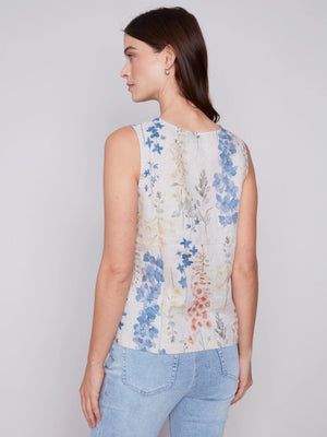 Charlie B Printed Sleeveless Linen Top with Button Detail