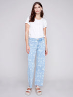 Charlie B Wide Leg Pant with Raw Hem in Daisy Print