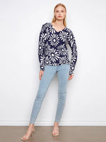 Charlie B Reversible Cotton Printed V-Neck Sweater - Nautic